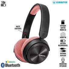 Headphone sem Fio Bluetooth/Aux/Rádio FM/SD Drivers 40mm Ajustável com Microfone Elite K9 Kimaster - Preto Salmão